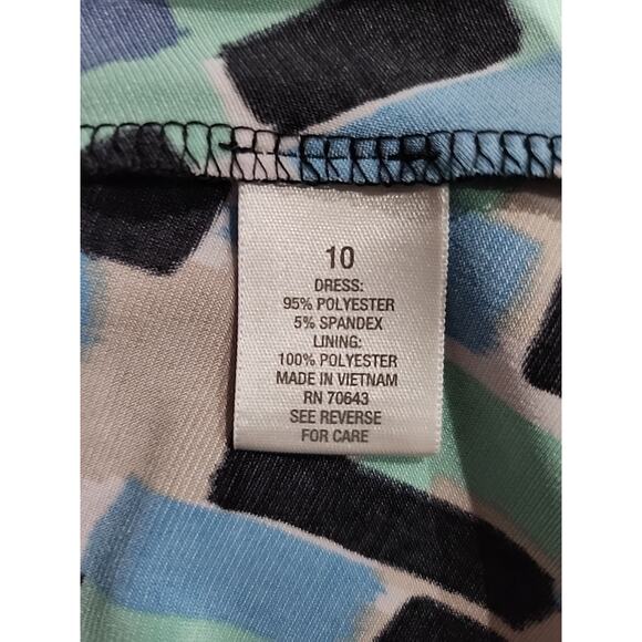 Dressbarn Dress Size 10 Blue & Black Geometric Print Scoop Neck Ruched Waist - Picture 5 of 8